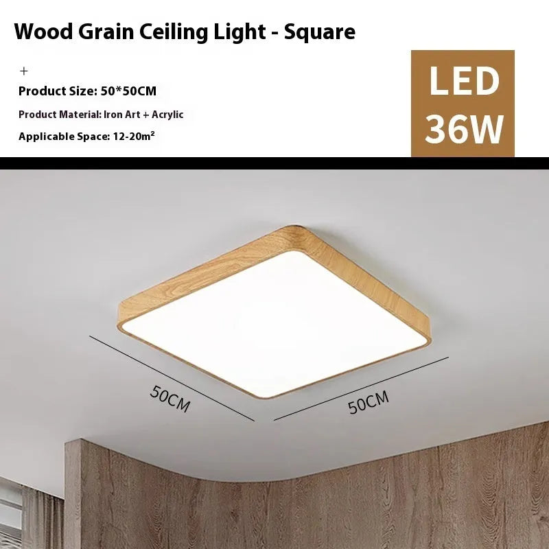 Nordic wood grain finish LED bedroom light with square iron art frame in modern simplicity design