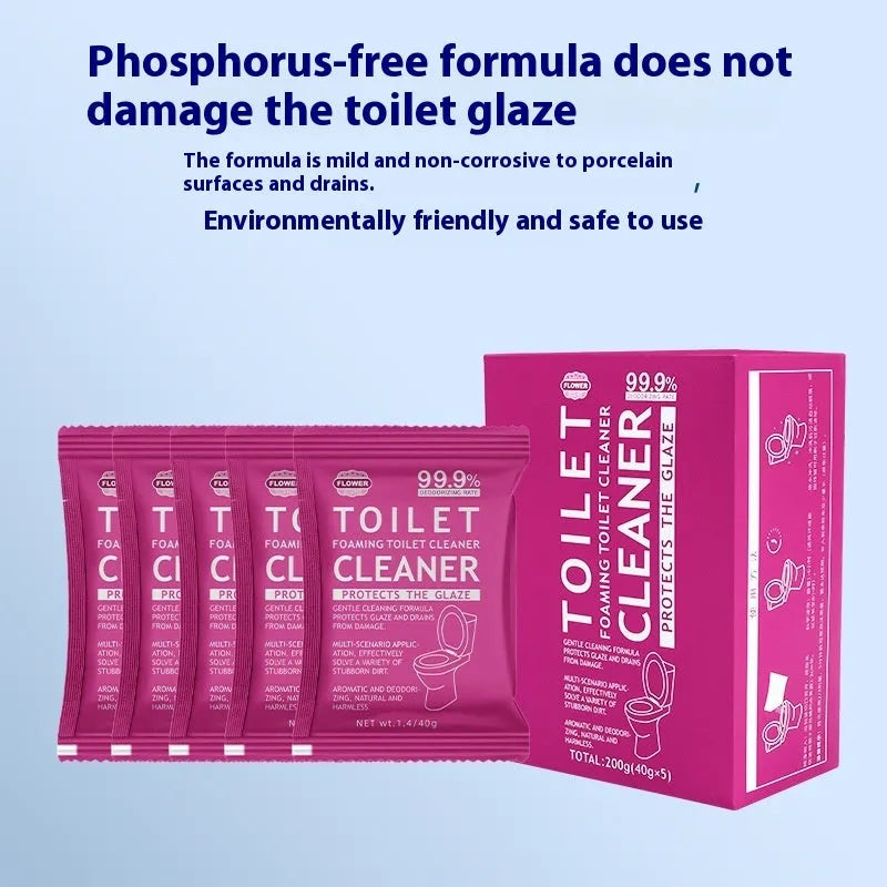 Toilet bubble powder cleaning product in blue ocean and pink floral fragrance variants
