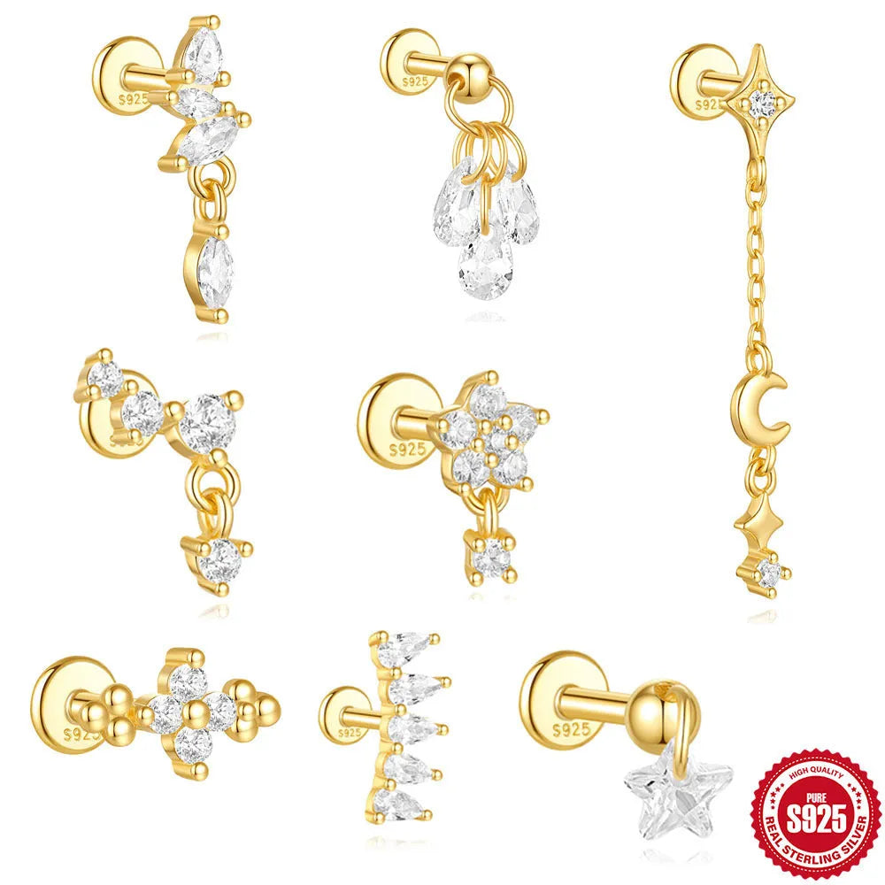 S925 sterling silver geometric moon and star earrings with diamond embedded detail in gold colour