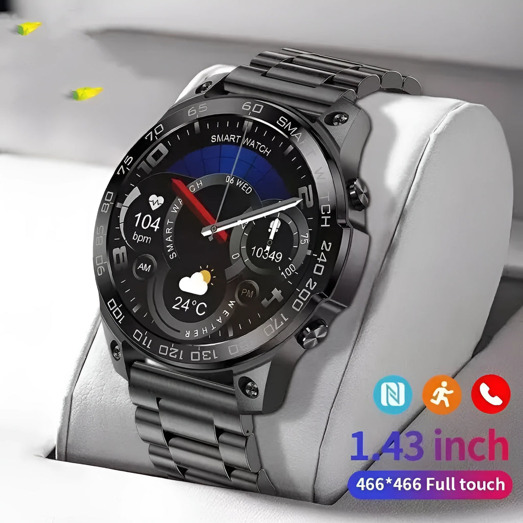 Black Bluetooth smartwatch with round AMOLED screen displaying time, on a silicone strap.