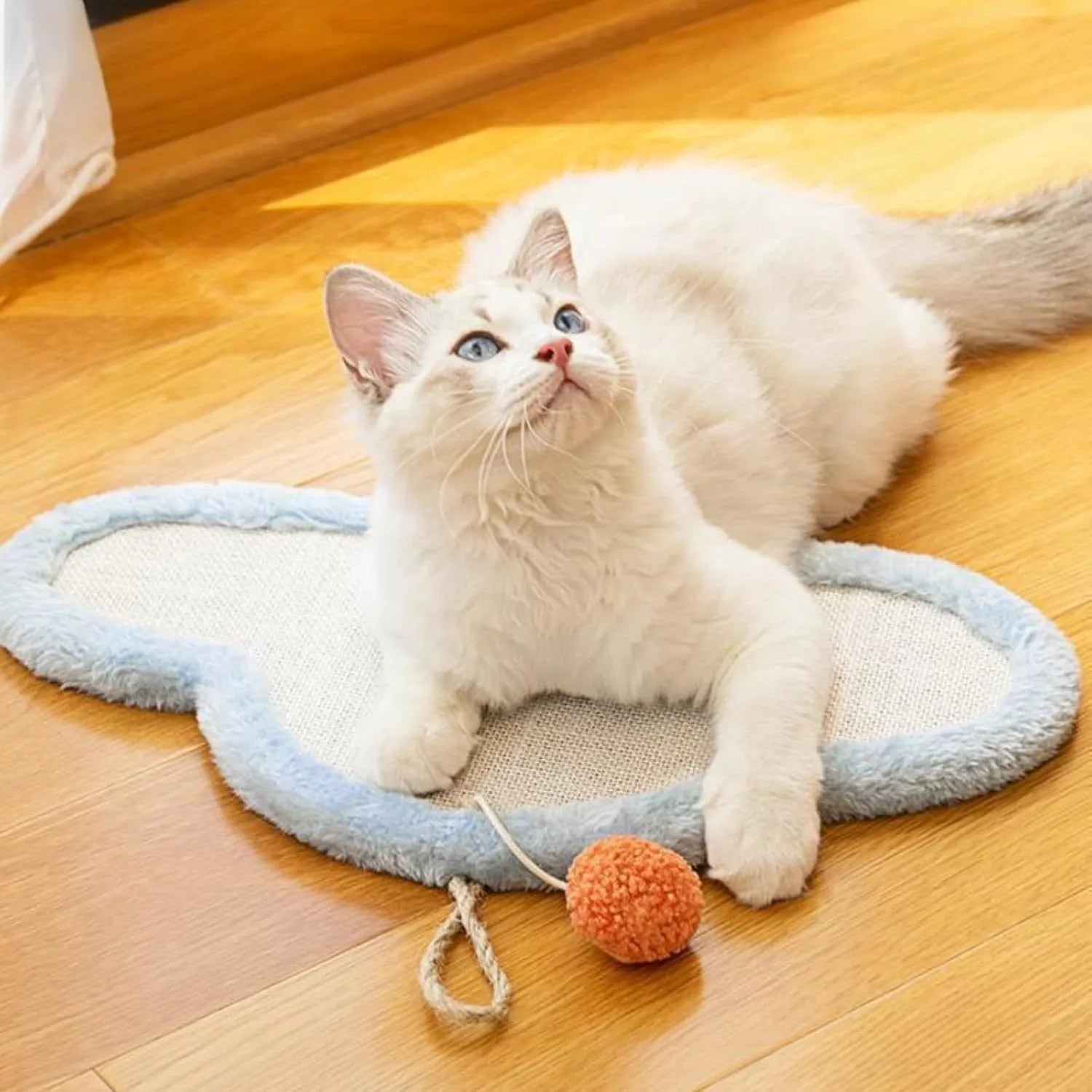 White cat scratching mat with sleeping cat pattern design mounted on wall