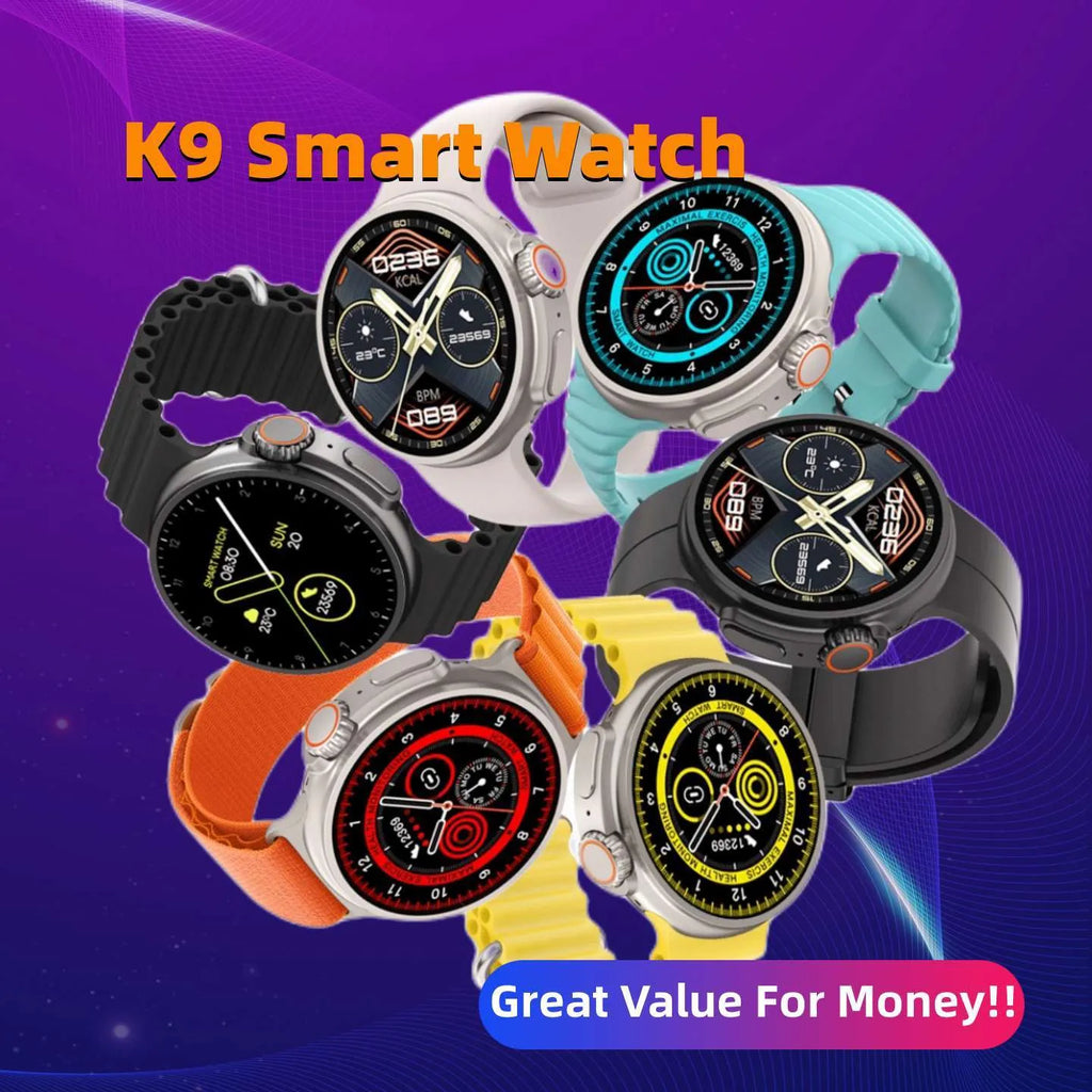 K9 smart watch with black silicone strap and round screen displaying fitness stats.