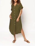 Loose fit solid colour mid-length casual dress with button front detail on a hanger
