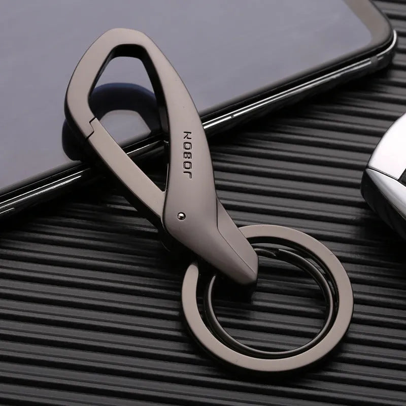 Zinc alloy double ring keychain in black, chrome or nickel colour measuring 8.3x3.5cm