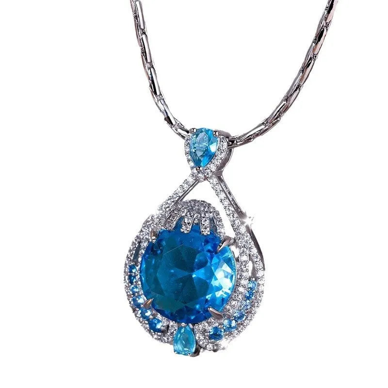 Women's geometric blue crystal pendant necklace with water wave chain