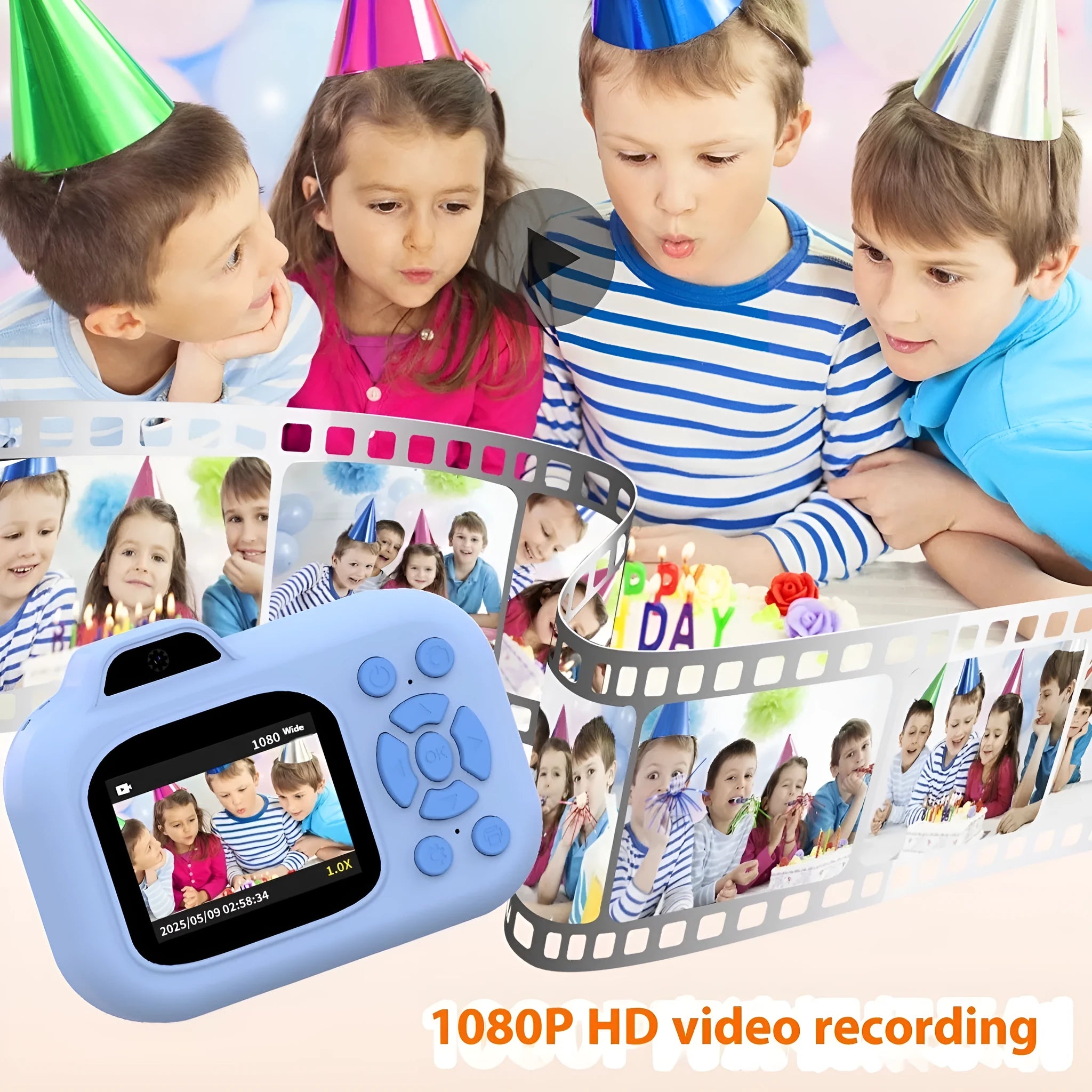 Children's plastic camera in blue, pink or purple colours with video recording and photography functions