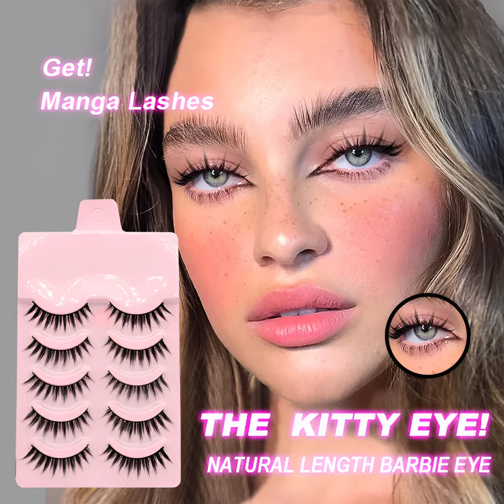 Five pairs of manga style false eyelashes with natural wispy design for anime cosplay and Korean makeup applications