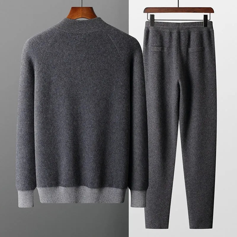 Men's navy blue cashmere wool blend winter sports suit with half-turtleneck zipper cardigan and matching trousers