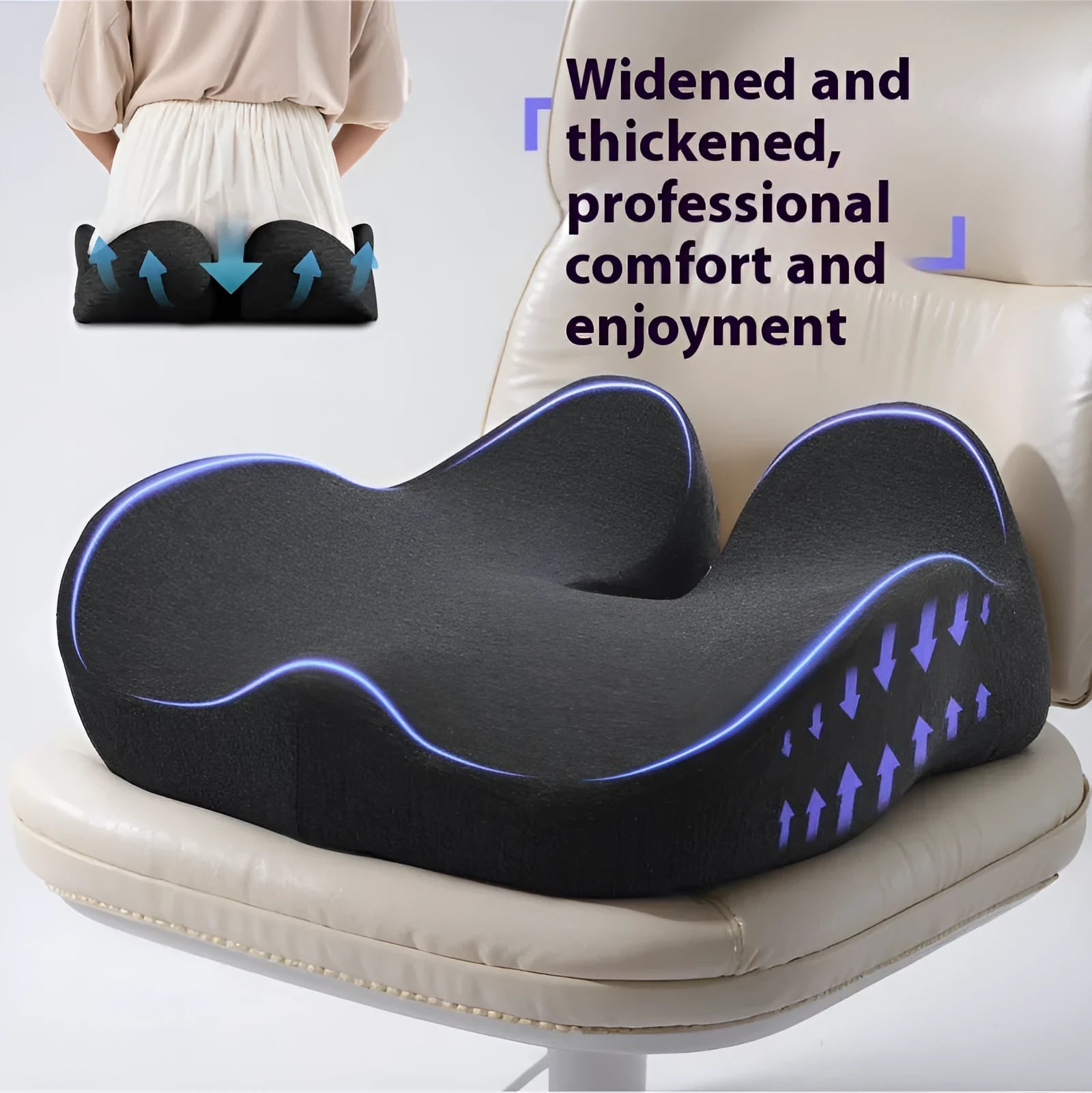 Solid colour memory foam office chair cushion measuring 46x43cm on a chair seat.