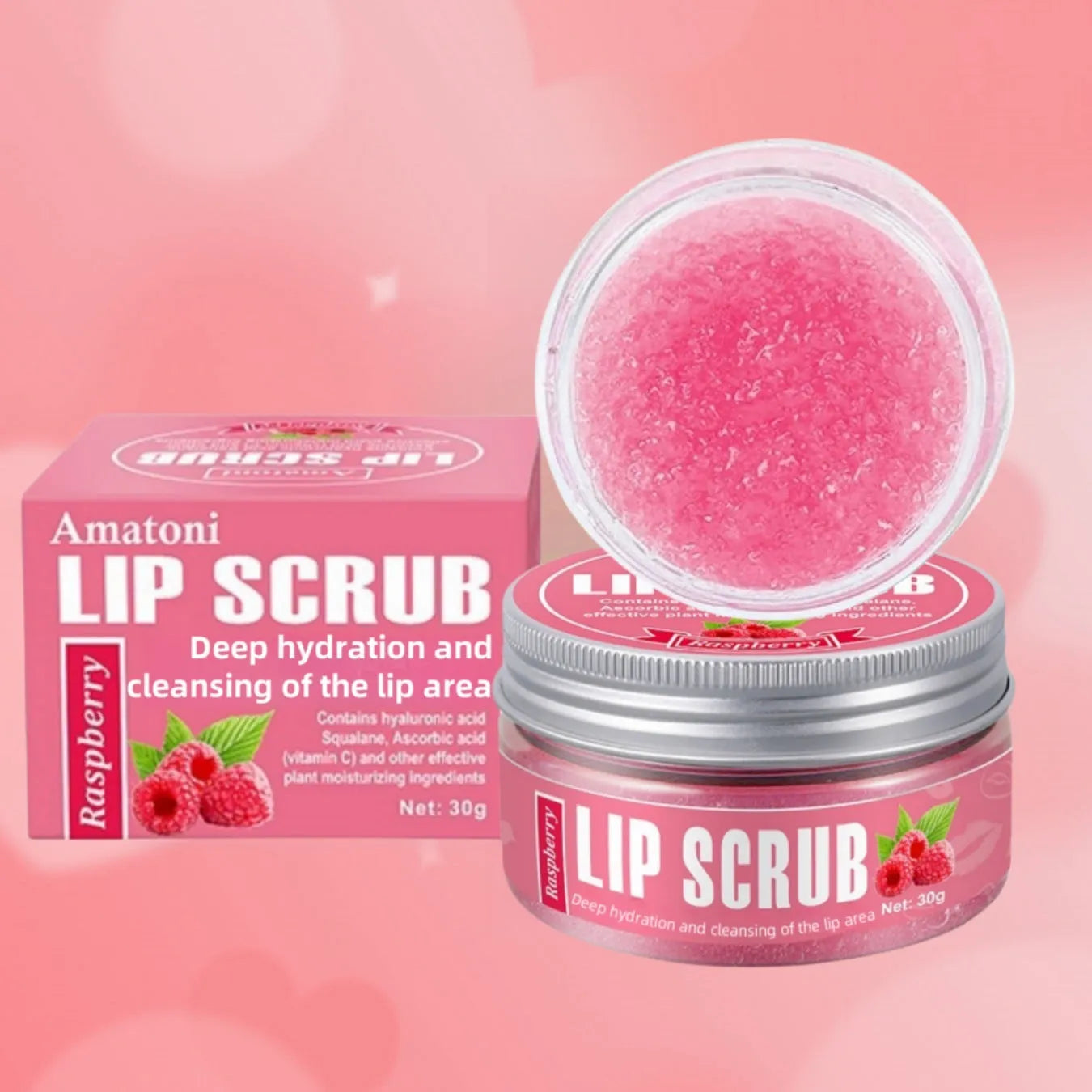 Amatoni fruit flavour lip scrub cream jar in 30g size, showing flavour options.
