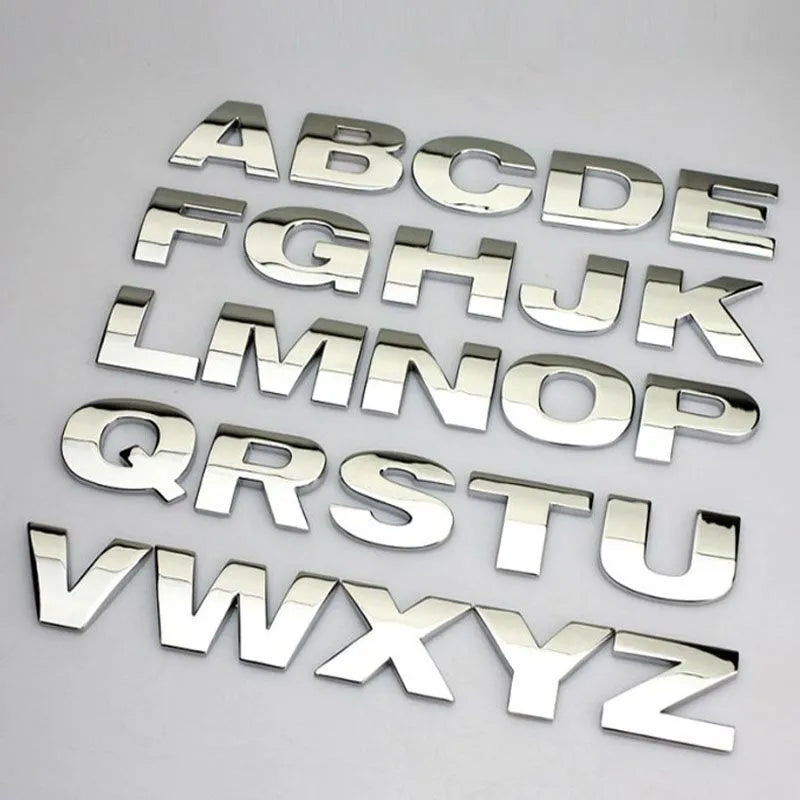 3D metal car bumper sticker showing raised zinc alloy English letter on adhesive backing