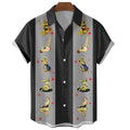 Man wearing a striped short sleeve button-down Hawaiian shirt in a casual setting.