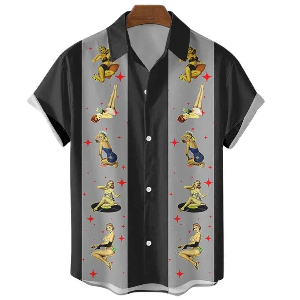 Man wearing a striped short sleeve button-down Hawaiian shirt in a casual setting.