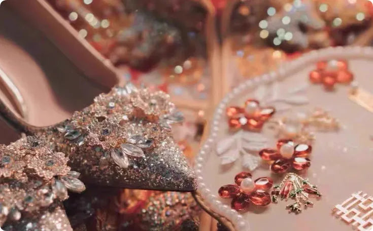 Champagne coloured pointed-toe wedding heels with rhinestone flower pattern, shown with different heel height options.
