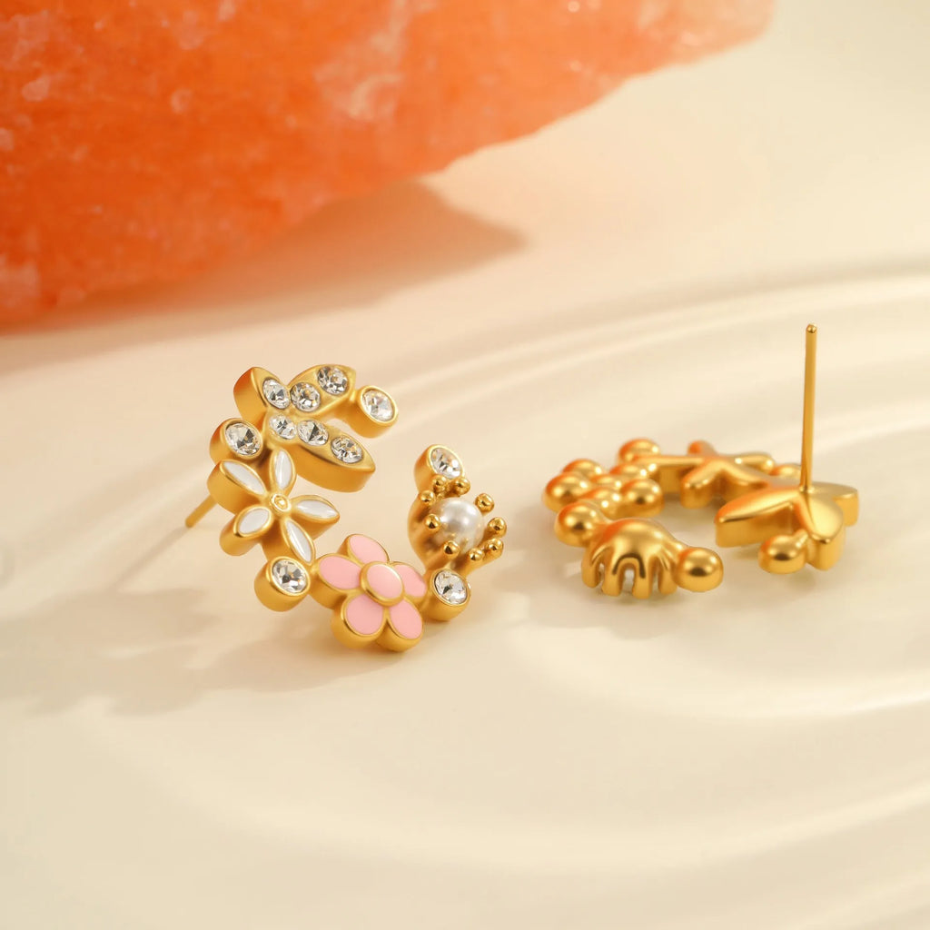 Flower stud earrings with petal design in stainless steel and 18K electroplated colour finish