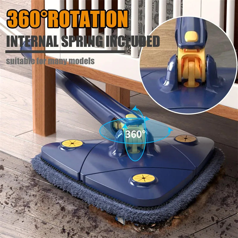 Blue extendable triangle cleaning mop with 360° rotating head and stainless steel pole