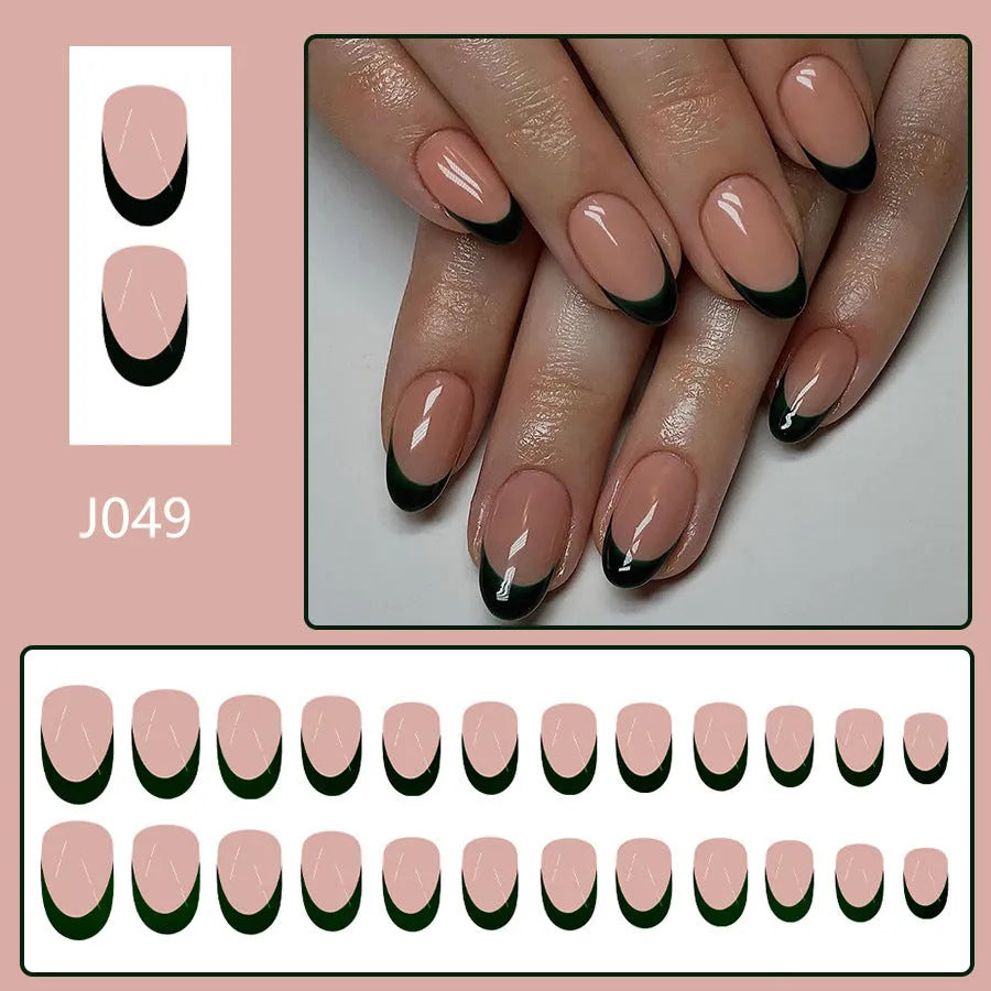 24 French style black manicure stickers in short almond shape arranged on white background