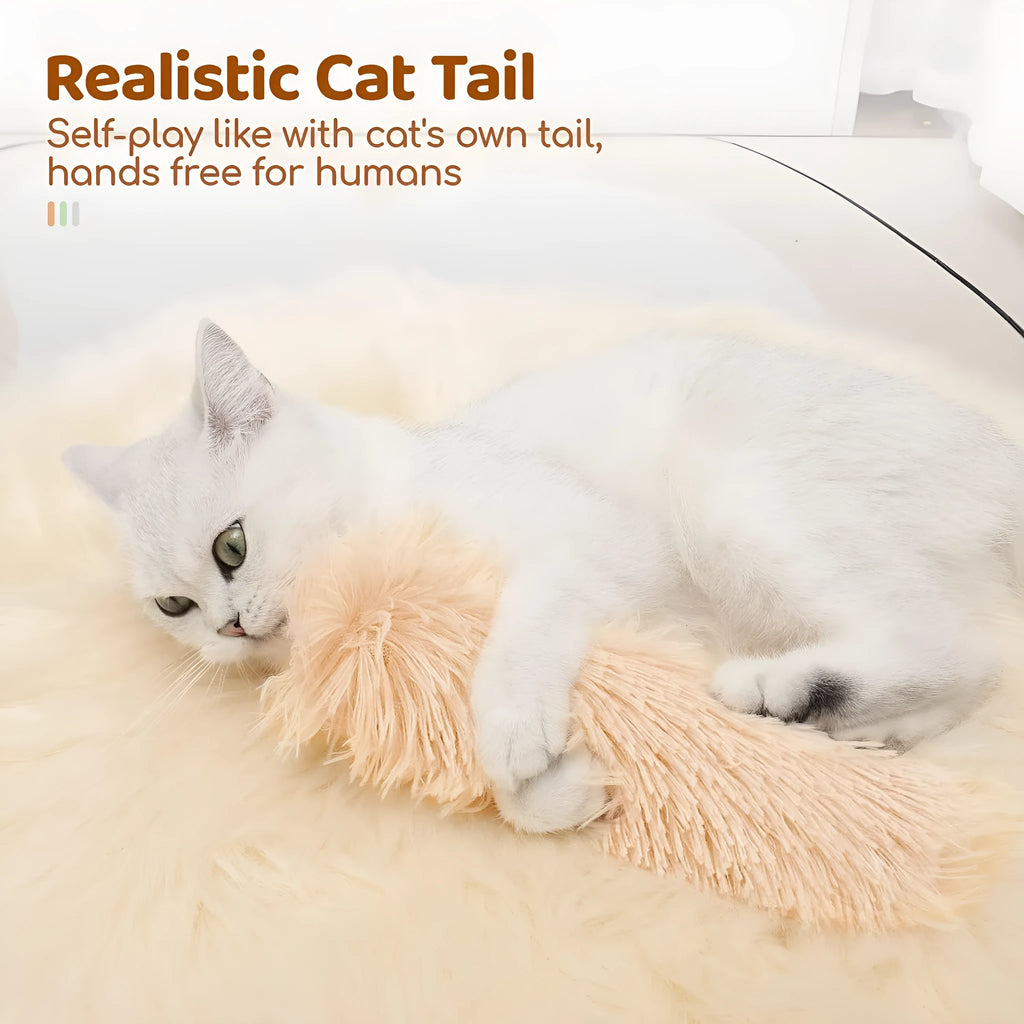 Soft plush cat toy pillow in blue, green, pink, and white colours, shown next to a measuring tape indicating 27cm length.