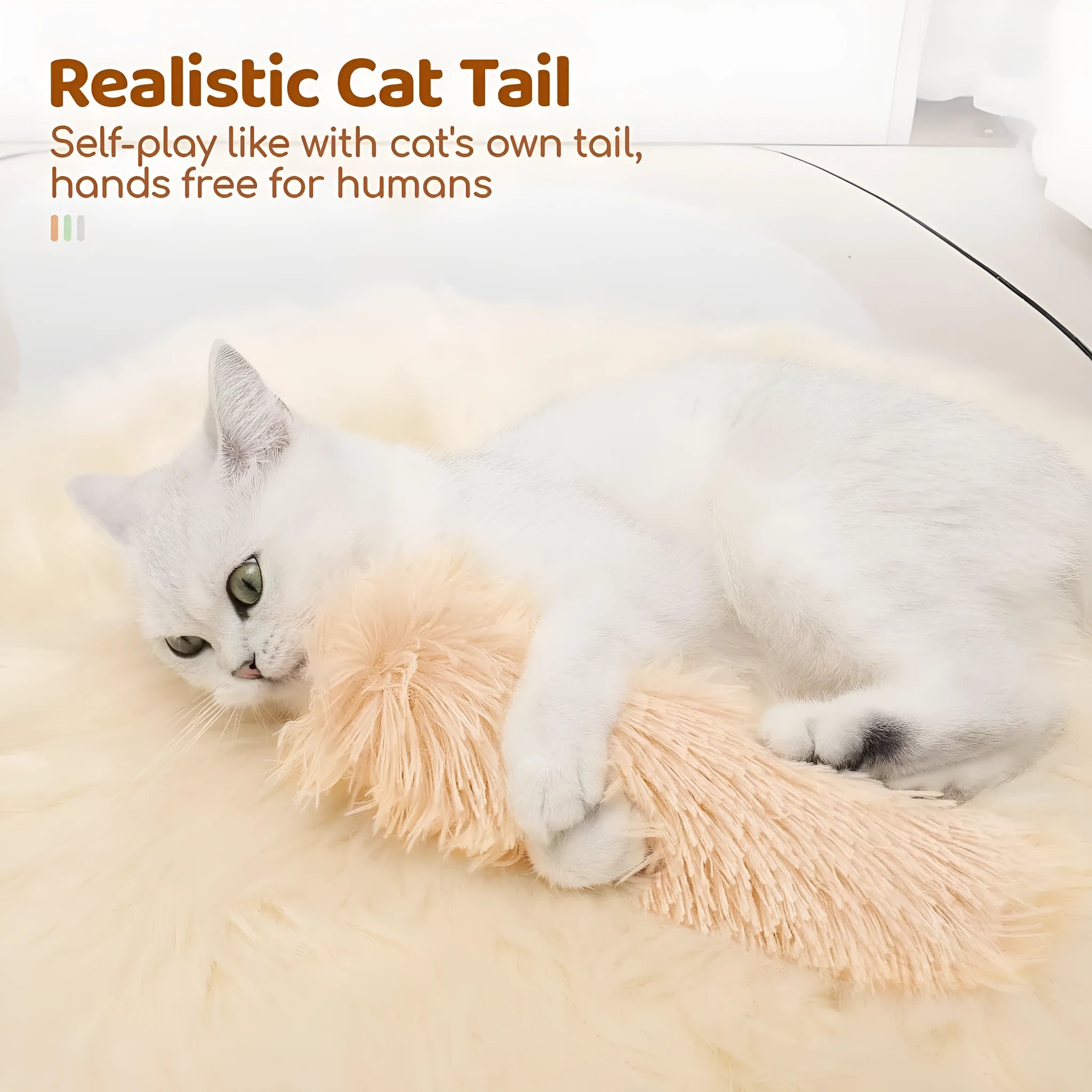 Soft plush cat toy pillow in blue, green, pink, and white colours, shown next to a measuring tape indicating 27cm length.