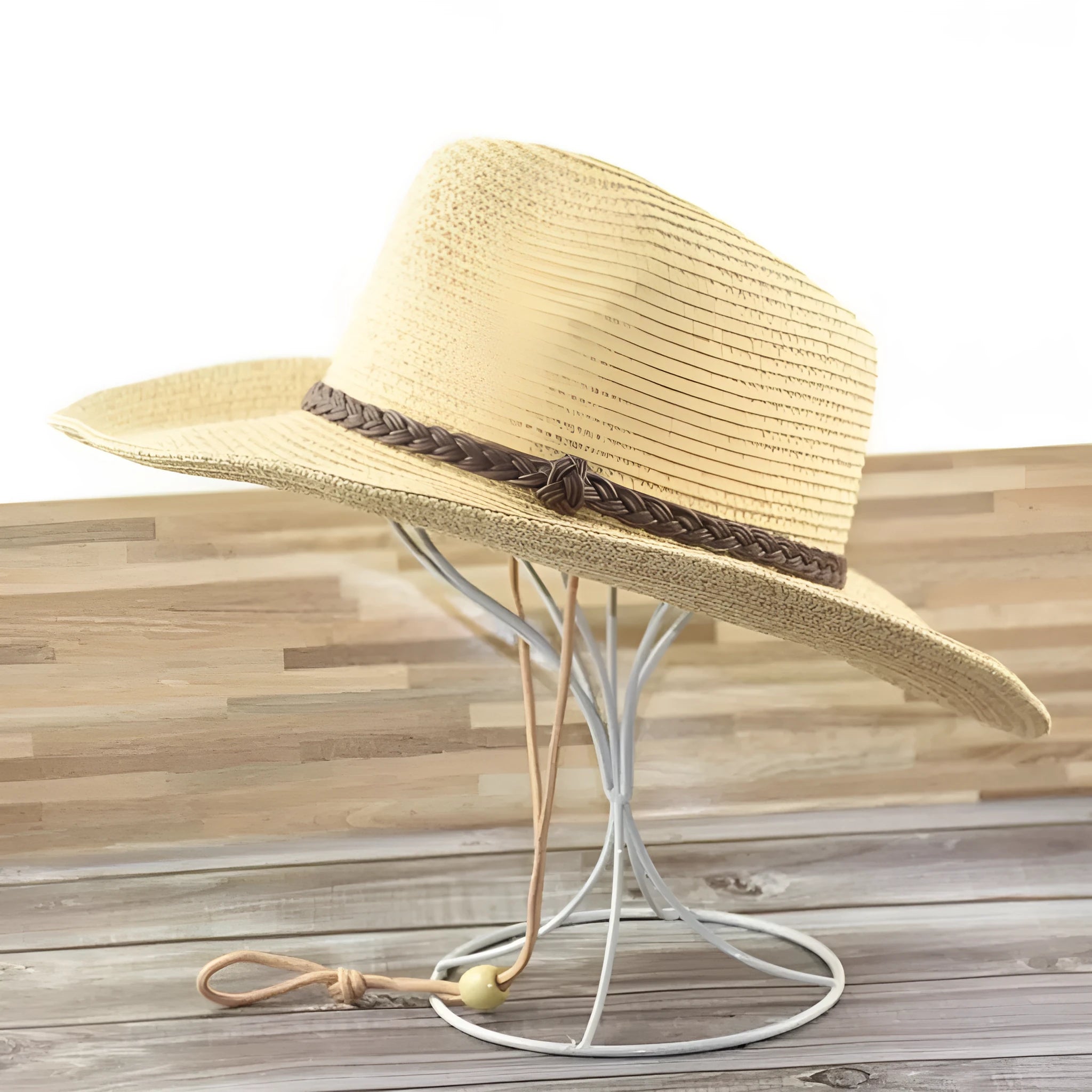 Men's foldable straw sun hat with big brim in beige colour on outdoor background