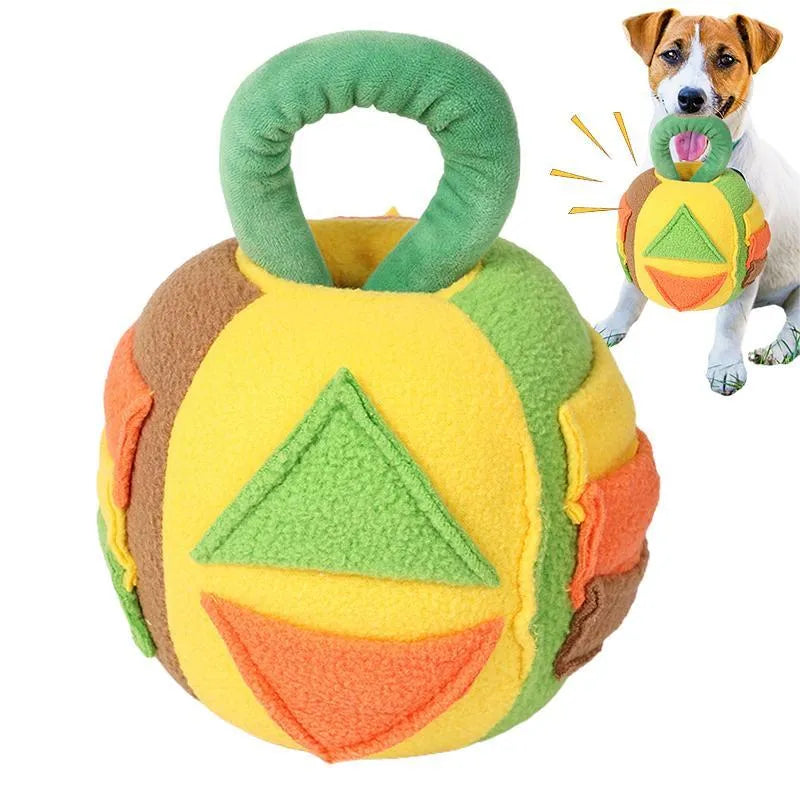 Green and pink polyester squeaky plush ball dog toy with treat pockets for small to medium dogs
