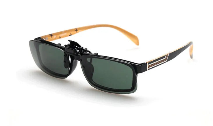 PC plastic clip-on sunglasses for prescription glasses in grey, dark green, and night vision tints