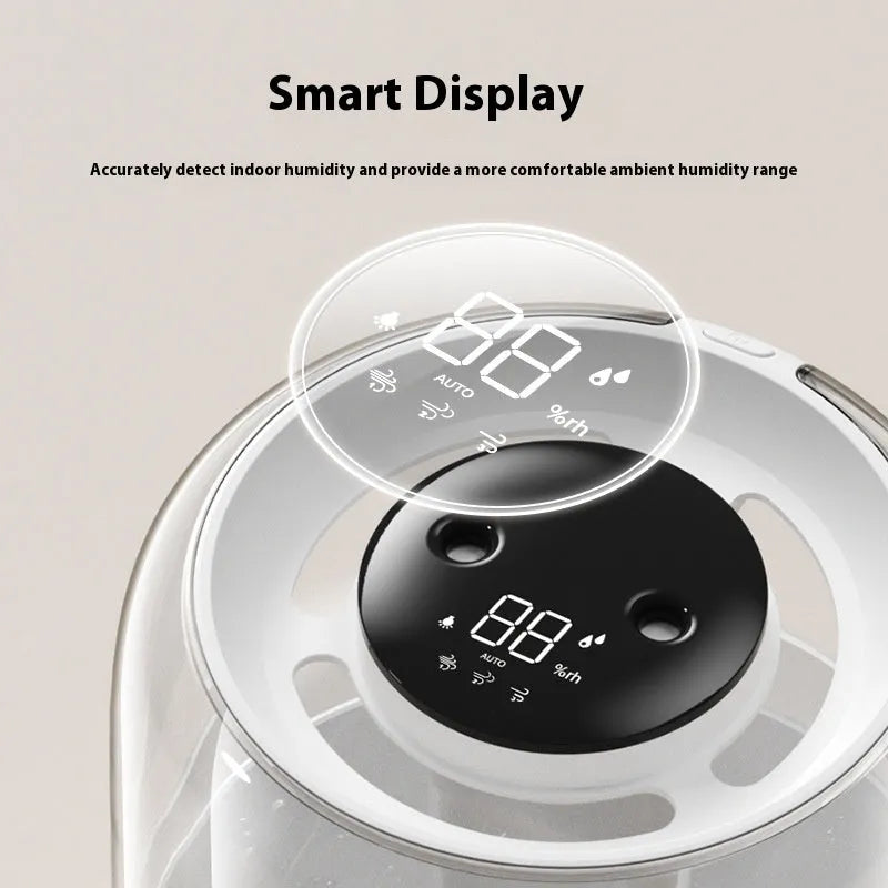 Beige round USB-powered humidifier with dual spray nozzles, night light, and display panel.