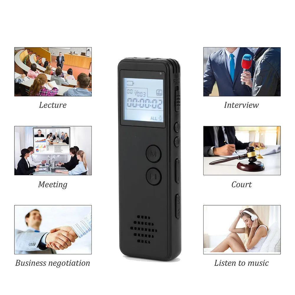 Black digital voice recorder with screen, measuring 88mm long, for MP3 recording with noise reduction.