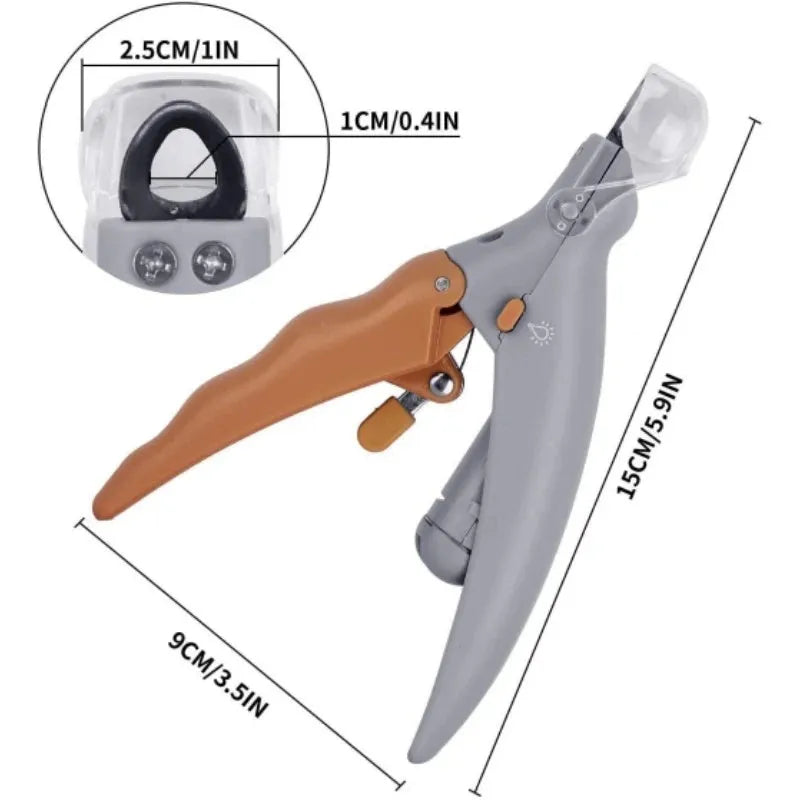 Yellow pet nail clipper with built-in LED light and magnifying window for trimming dog or cat nails.