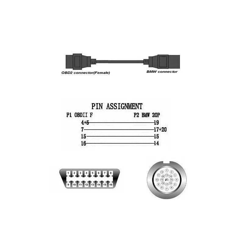 BMW OBD2 diagnostic adapter cable showing 20-pin and 16-pin OBD2 connectors