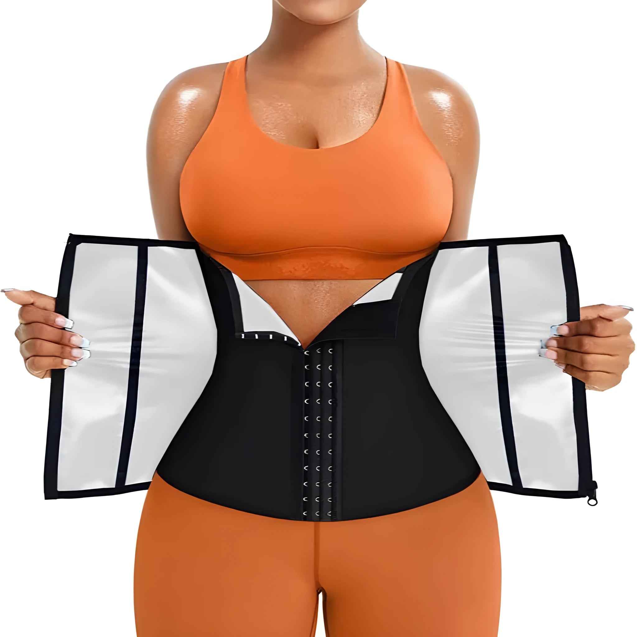 Adjustable neoprene belly band for abdominal support shown in blue and silver colours.