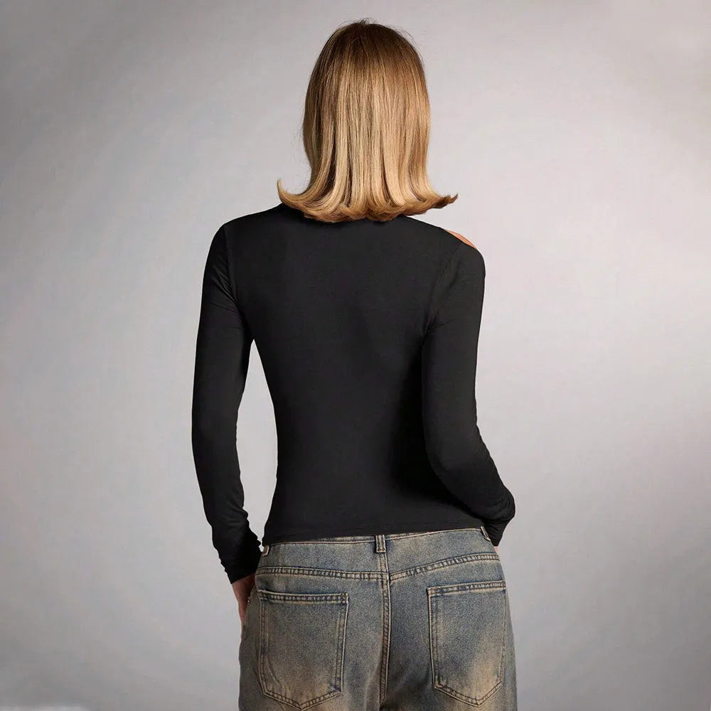 Black women's halter top with long sleeves and slim fit design