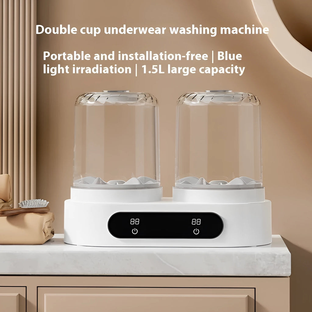 White double bucket mini washing machine with USB power connection for portable laundry use