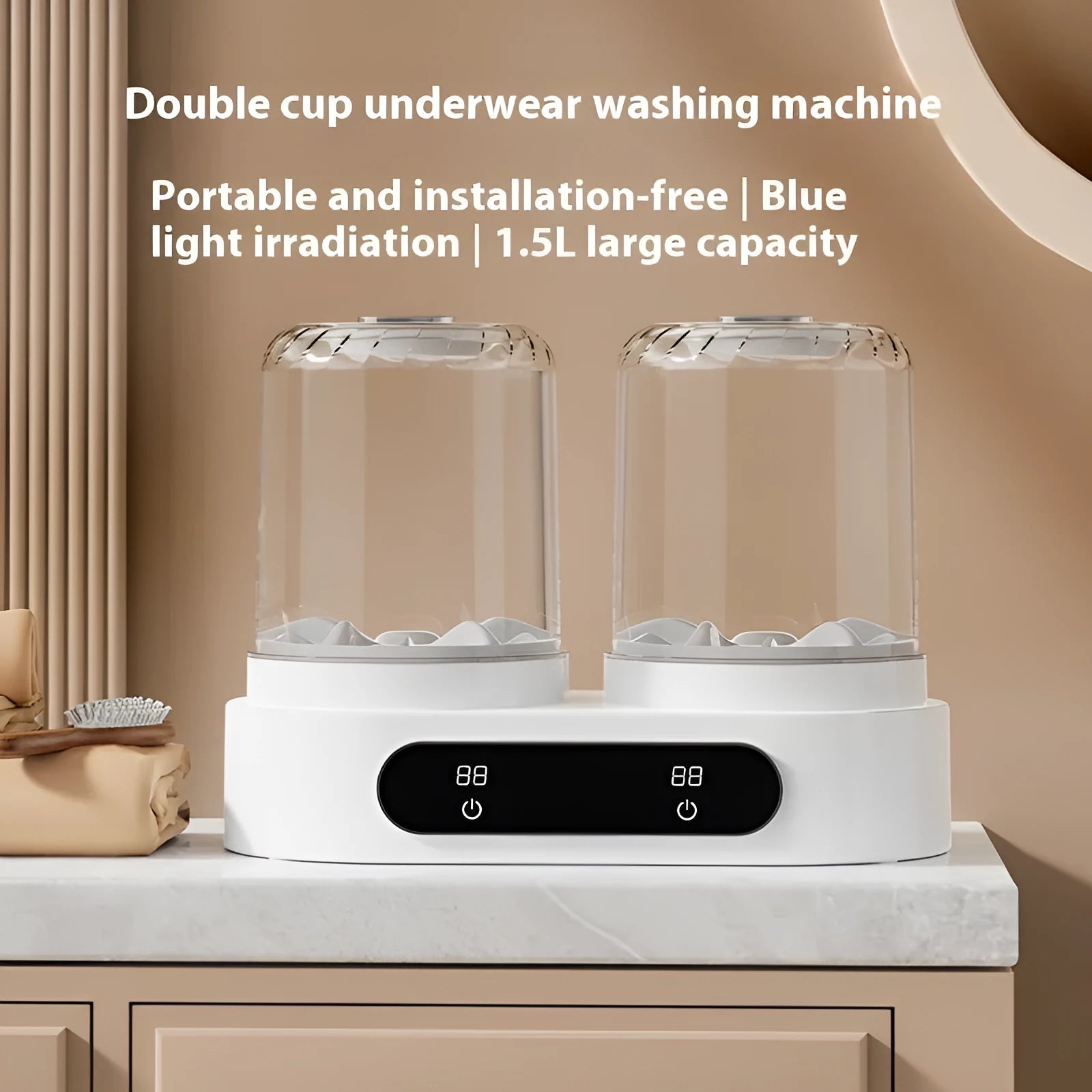 White double bucket mini washing machine with USB power connection for portable laundry use