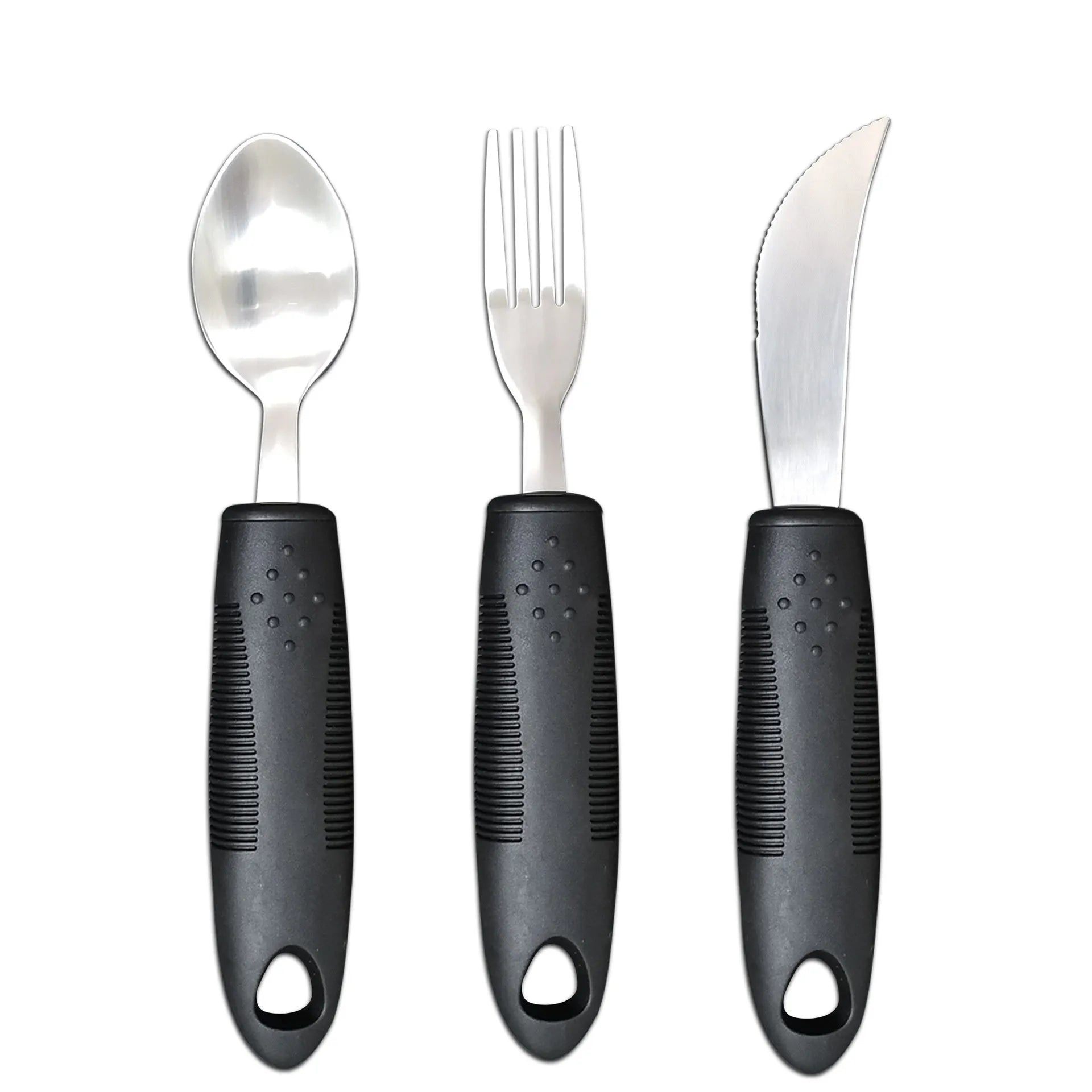 Anti-shake adaptive tableware set with stainless steel utensils and rubber handle grips