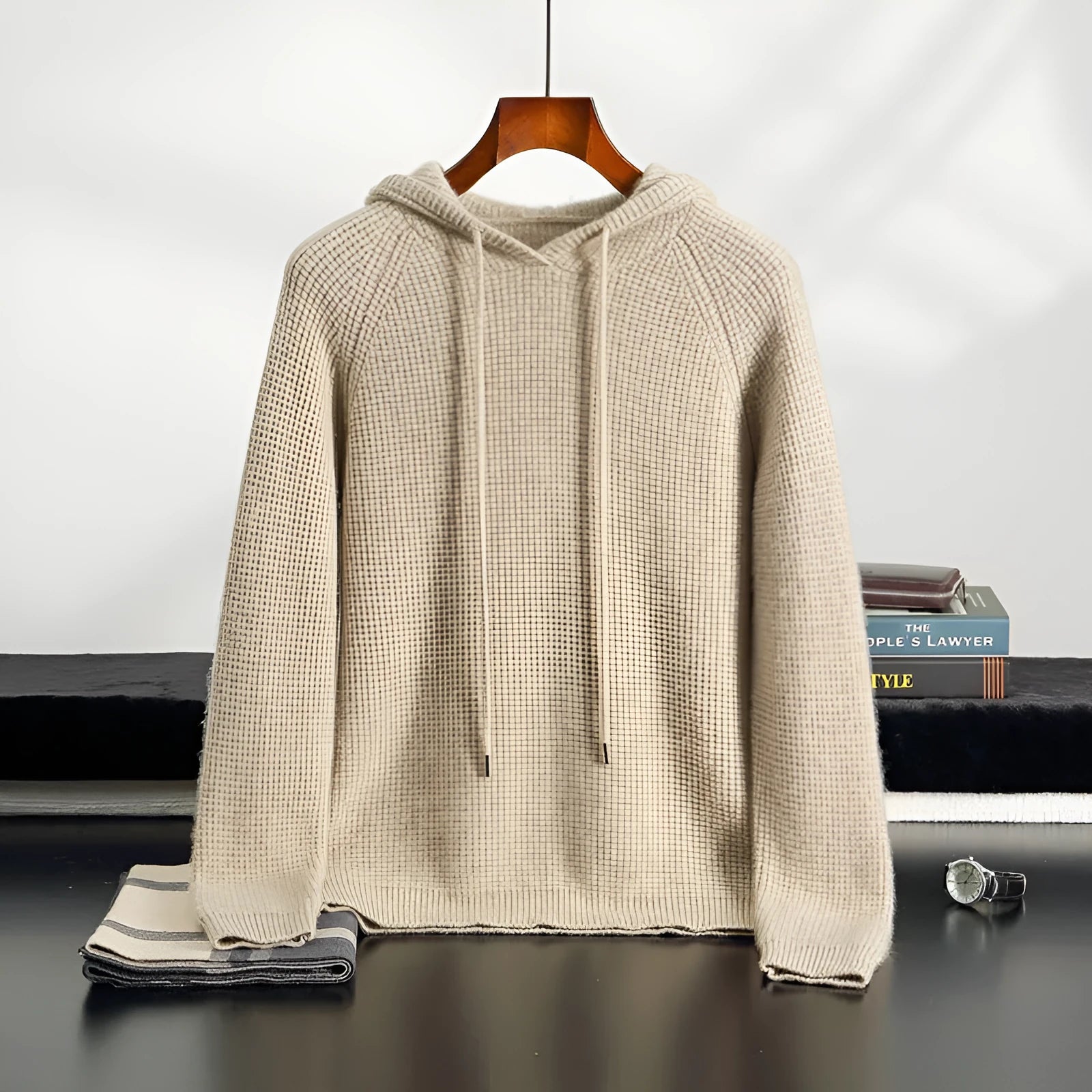 Hooded cashmere sweater in camel, loose fit, long sleeves, winter pullover on model
