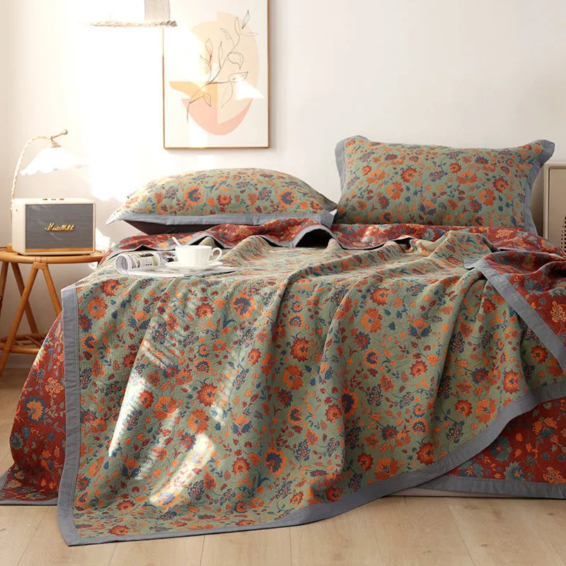 Cotton gauze three-piece bedding set with floral plant pattern including blanket and two pillowcases