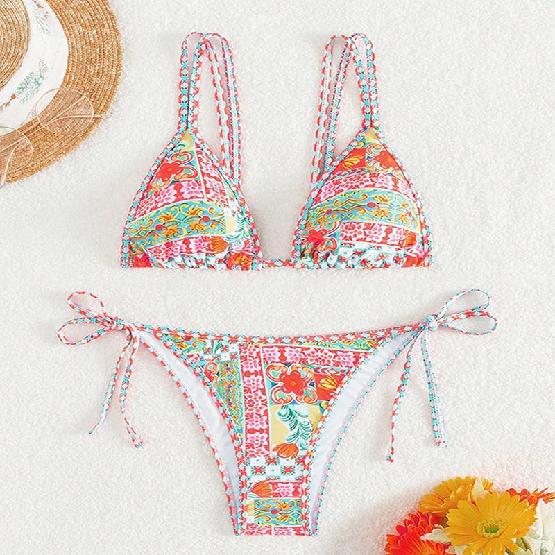 Women's lace-up front split swimsuit in European style with backless design for swimming