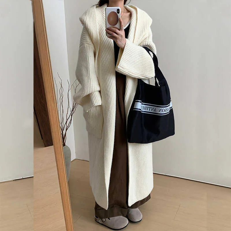 Loose fit hooded cardigan coat in acrylic fabric with extended length and raglan sleeves