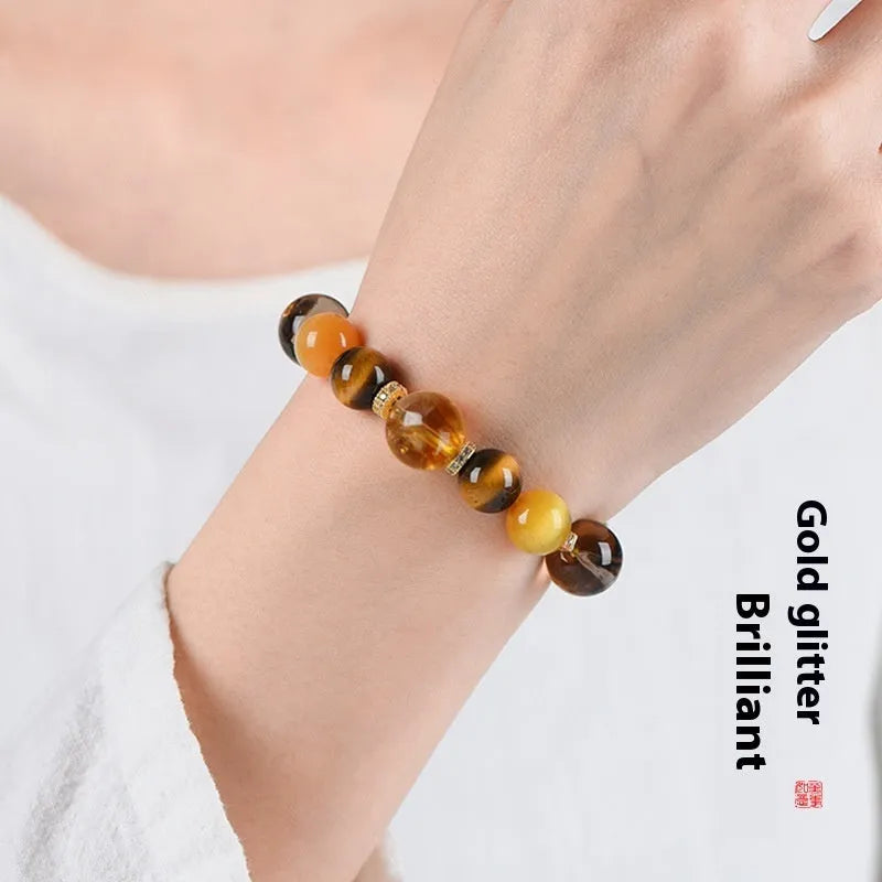 Women's natural yellow tower crystal string beads bracelet with 10mm Jinba beads