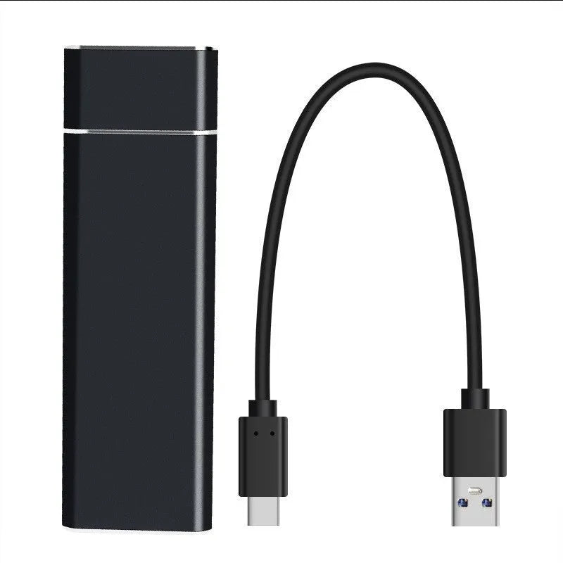 Sapphire blue metal external hard drive with USB cable on a white surface.