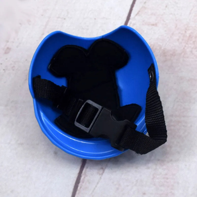 A solid colour plastic motorcycle-style helmet for a dog, shown in one of seven available colours.