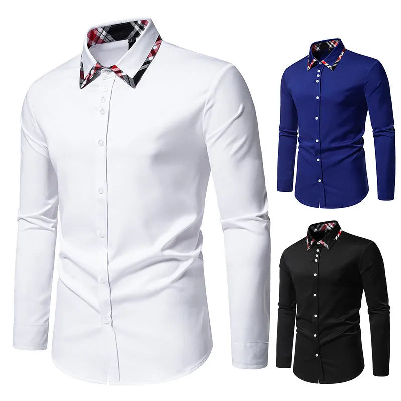 Men's blue plaid casual shirt with triangle collar and long sleeves