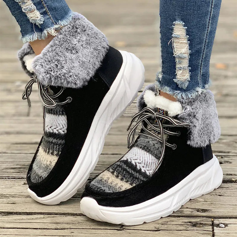 Women's beige lace-up snow boots with fuzzy lining and thick rubber sole
