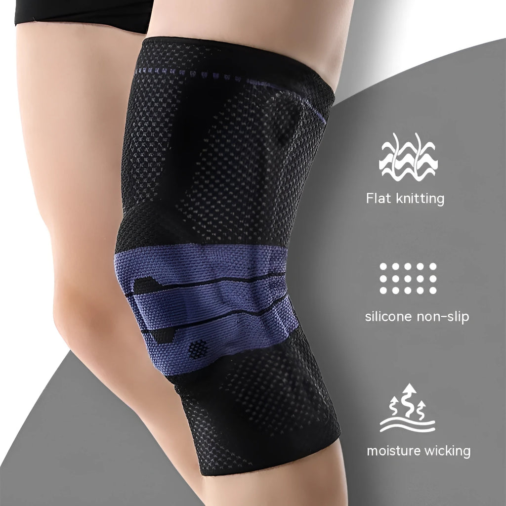 Adult sports knee pads in black and blue colour, sizes S M L XL for basketball and running protection