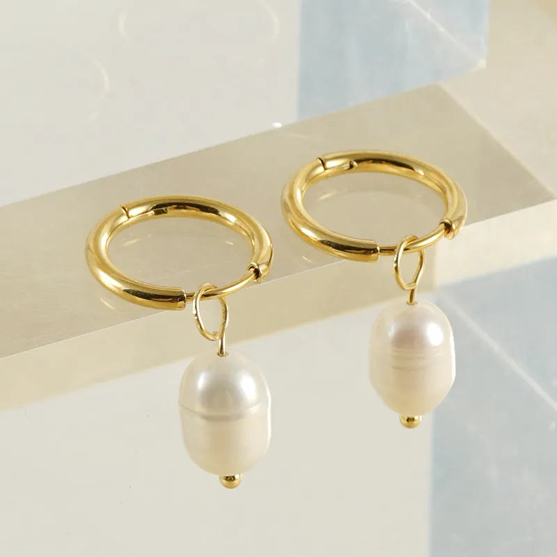 Geometric gold pearl earrings with stainless steel and titanium steel construction for women