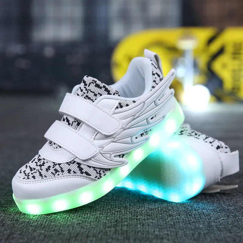 Children's plum red and white LED light up sneakers with USB charging port and colourful illuminated soles