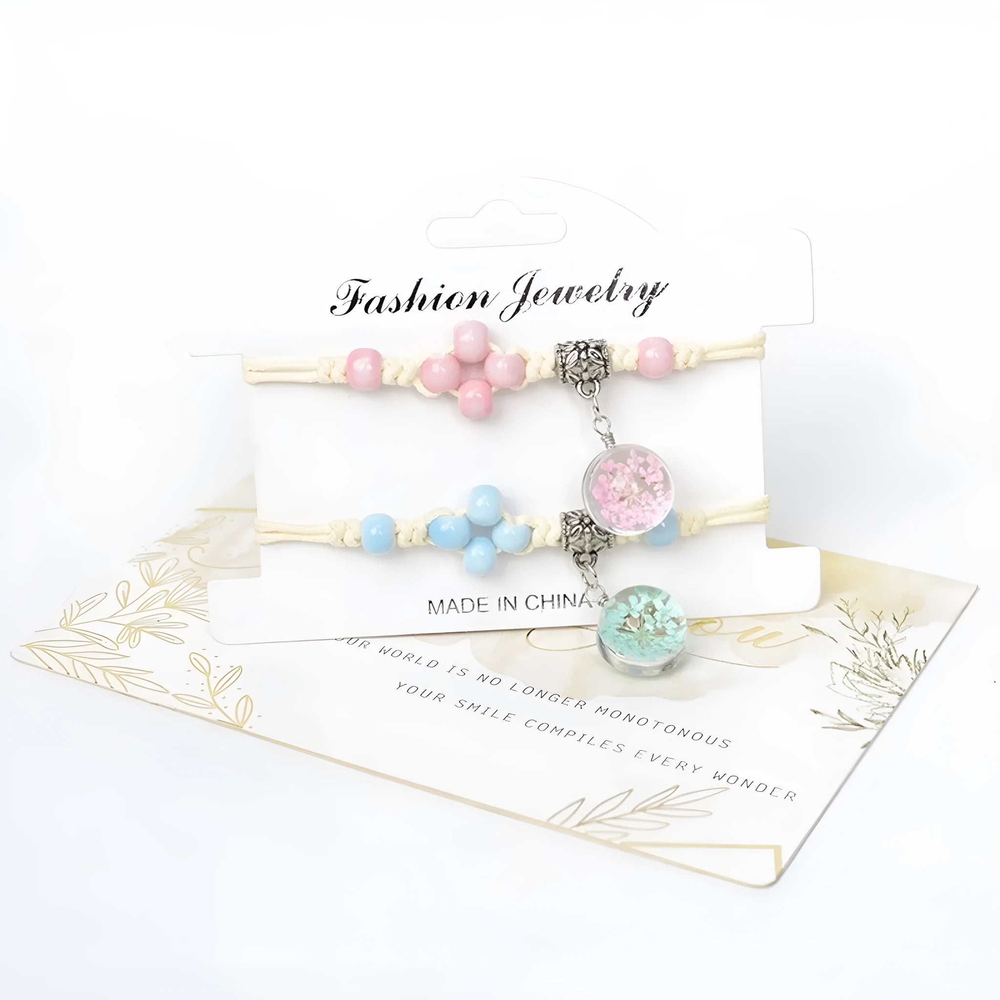 Glass dried flower bracelet with large 1.4cm beads containing real preserved flowers in multiple colour options