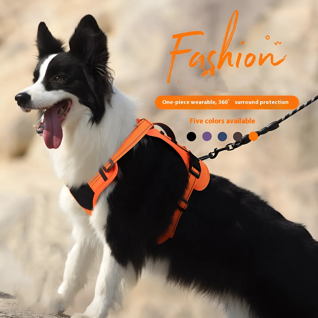 Orange reflective dog vest harness with a black full-handle grip rope attached.