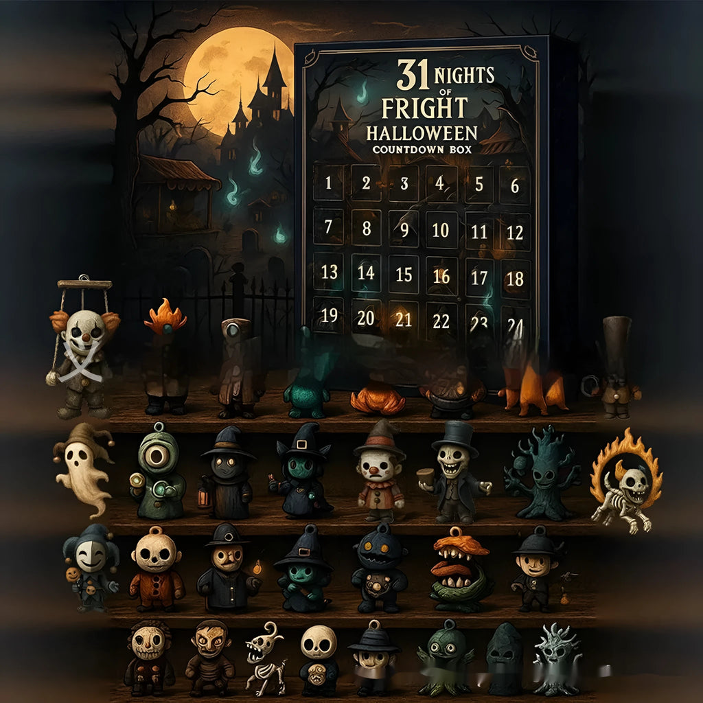 Halloween horror advent calendar box with choice of 31, 15, or 7 night countdown and blind box resin dolls.